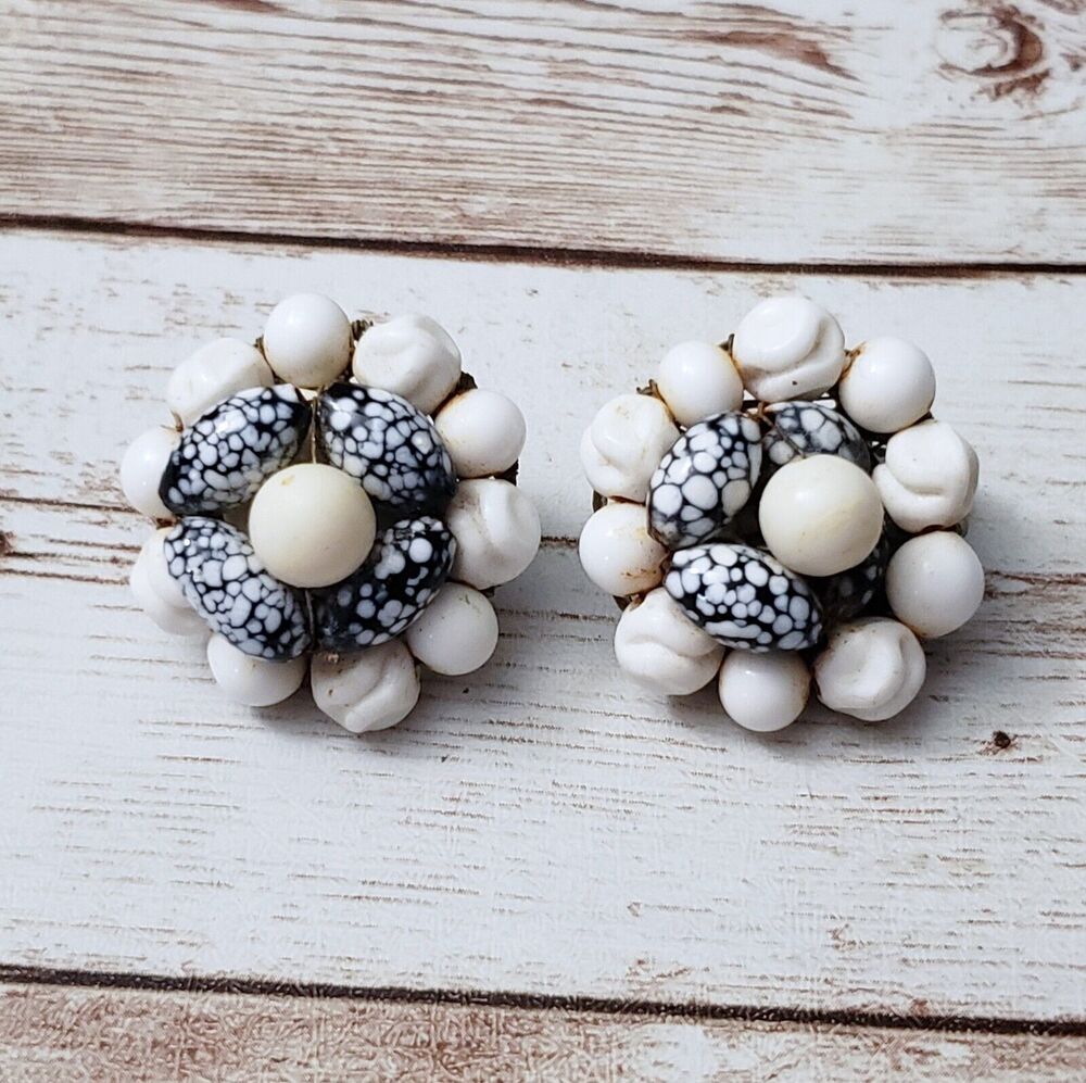 Vintage Clip On Earrings - Blue & Off White Large Cluster 1" - Fair Condition
